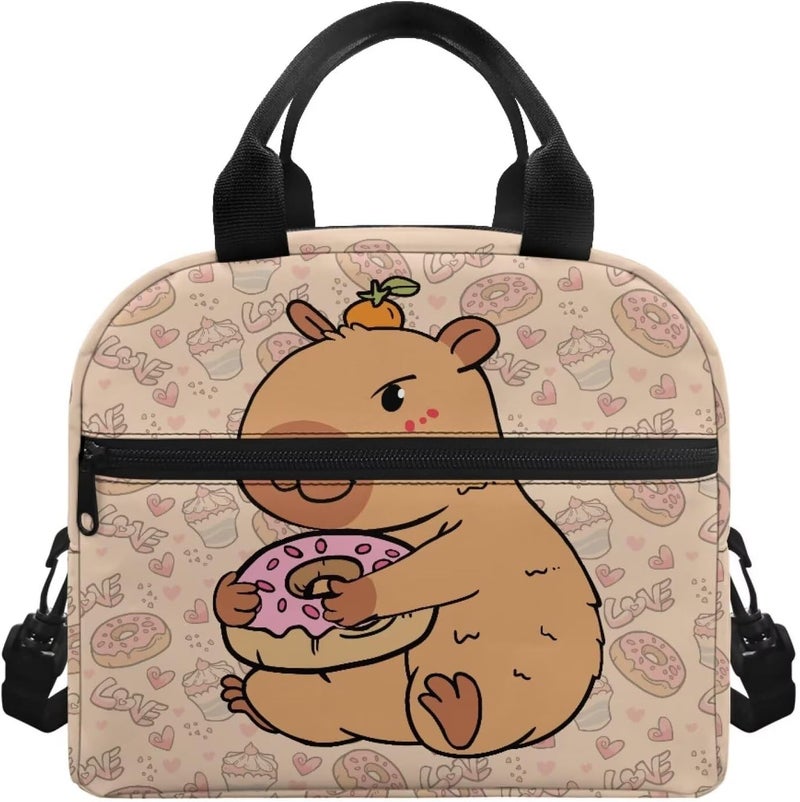 Yuosegray Cute Capybara Preschool Lunch Box Kids 4-6 Donut Simple Modern Lunch Box for Girls 6-8 Kindergarten Meal Bag Elementary School Toddler Students Children Lightweight Adjustable Shoulder Strap - Image 1